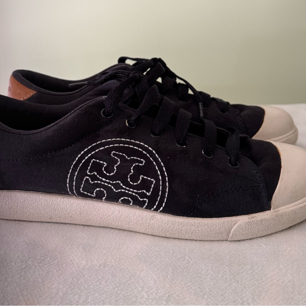 Tory Burch Black Canvas Low-Top Sneakers with White Toe